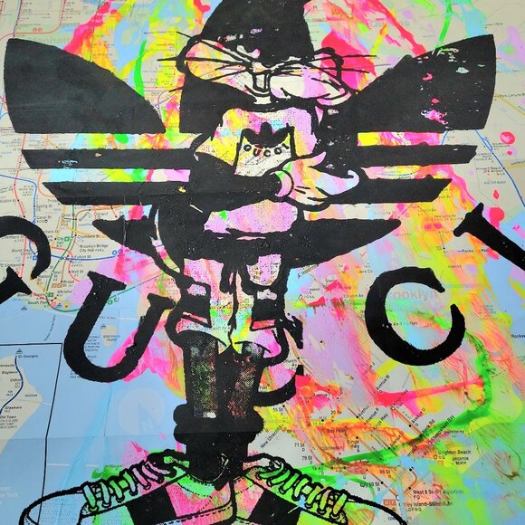 Handpainted Bugs Bunny Gucci Acrylic Luxury Pop Art on NYC Subway Map Wall Decor - Picture 3 of 5